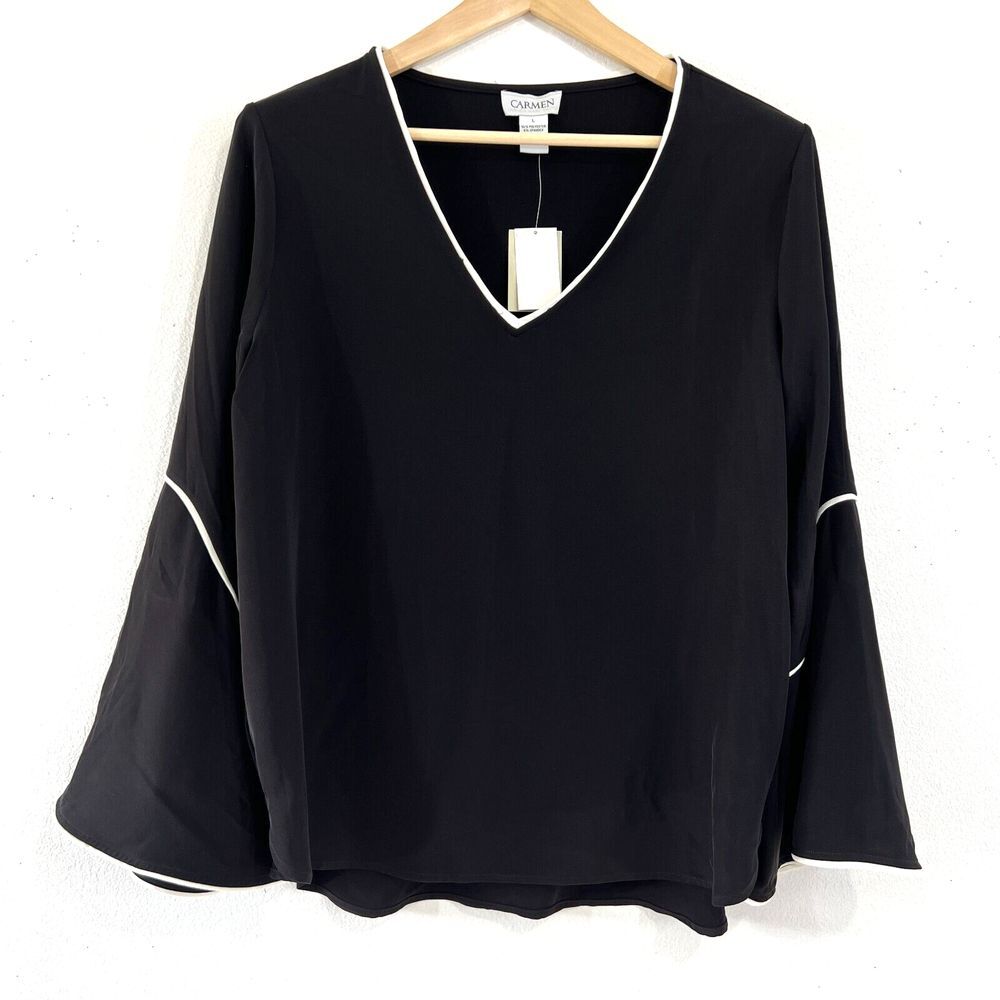 Carmen Marc‎ Valvo Blouse Large Black/ White Trim V-Neck Bell Sleeve Relaxed Fit